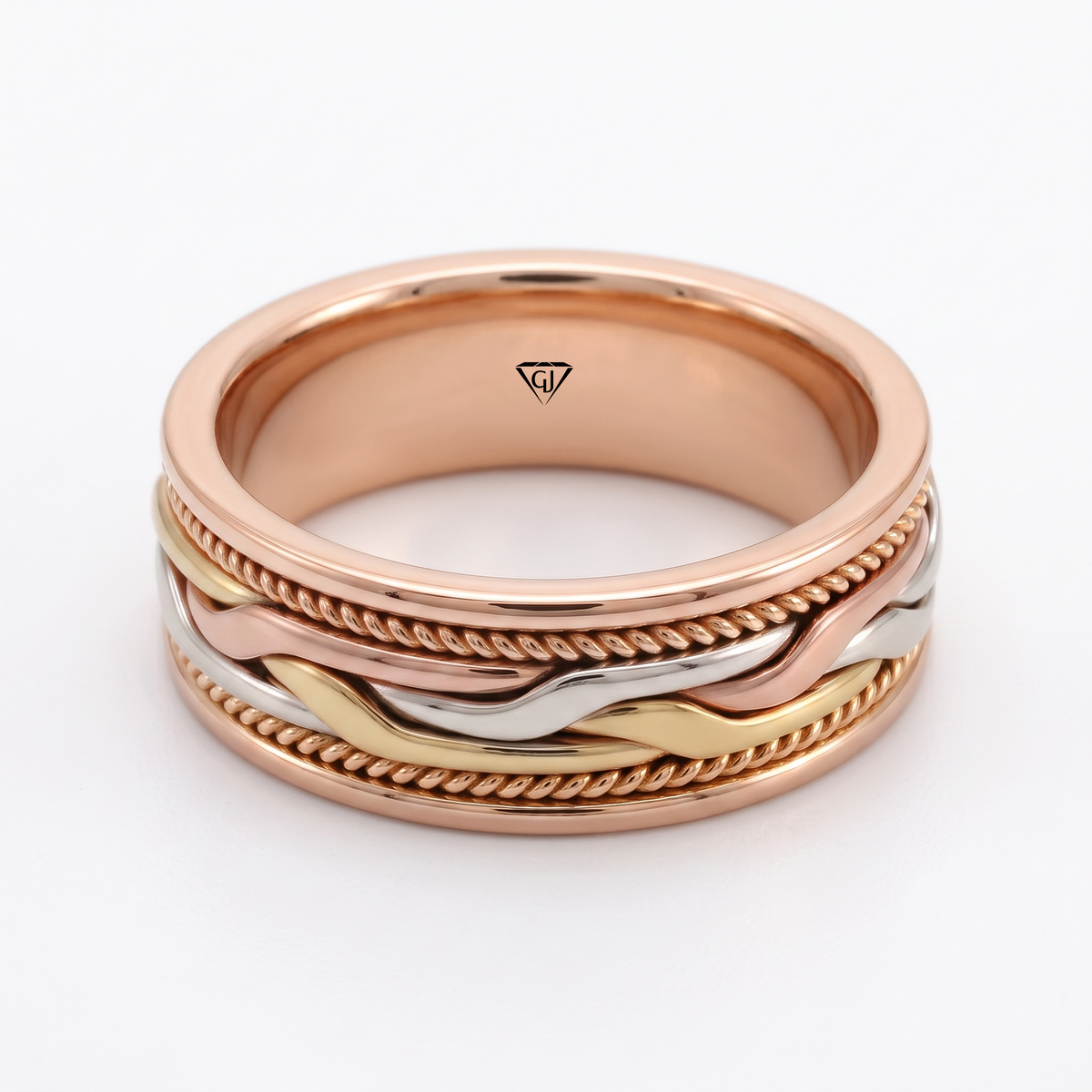 Tri-Tone Woven Braided Men's Solid Gold Band RG 2