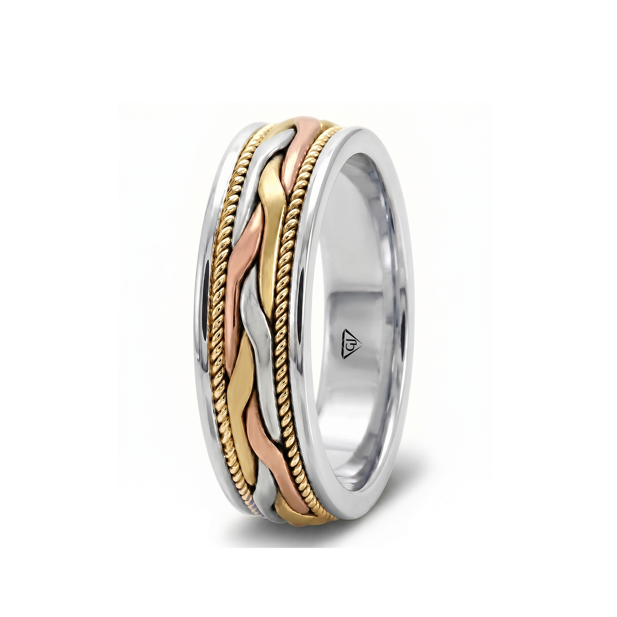 Tri-Tone Woven Braided Men's Solid Gold Band WG