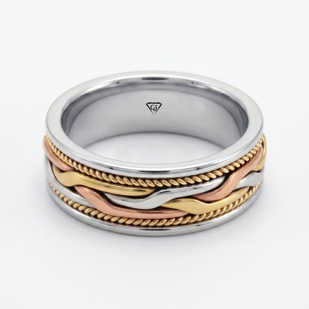 Tri-Tone Woven Braided Men's Solid Gold Band WG 2
