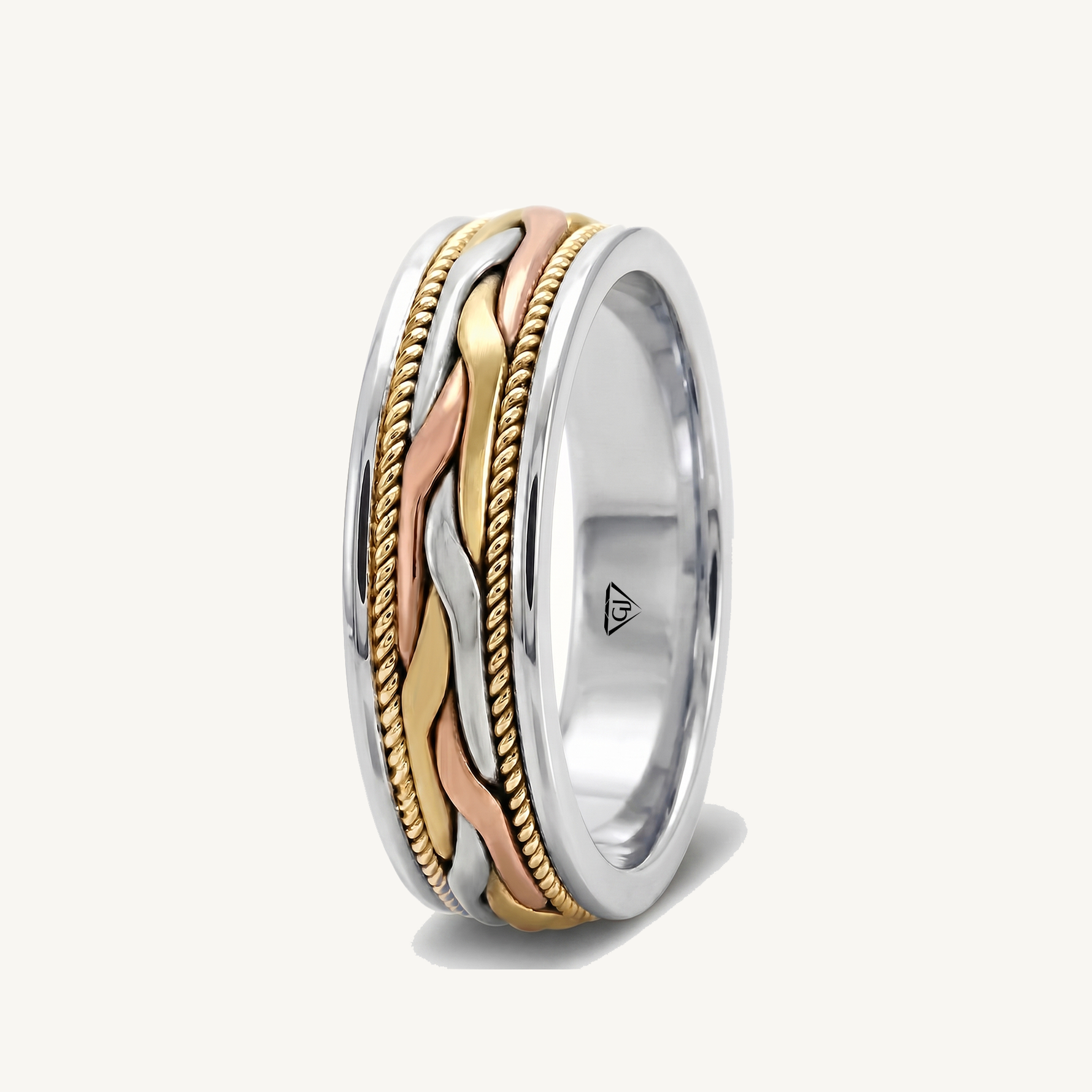 Tri-Tone Woven Braided Men's Solid Gold Band