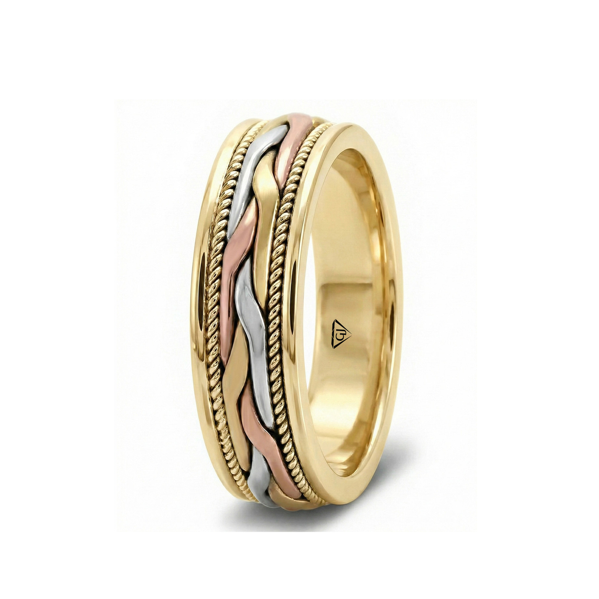 Tri-Tone Woven Braided Men's Solid Gold Band YG