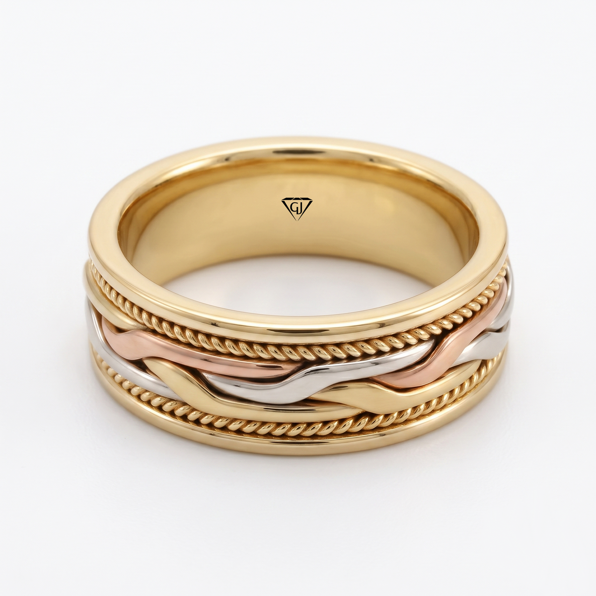 Tri-Tone Woven Braided Men's Solid Gold Band YG 2