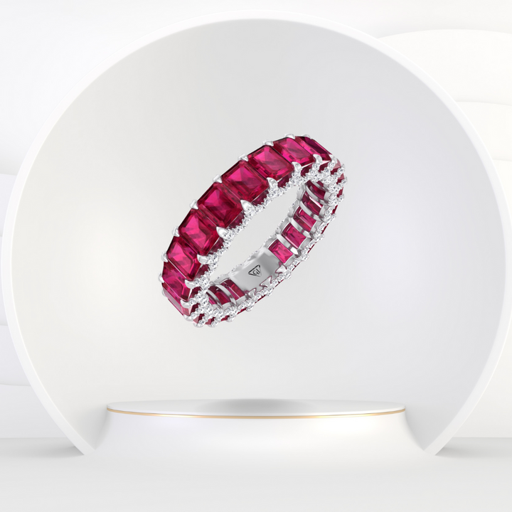 Emerald Cut Natural Red Ruby Eternity Band with Invisible Halo