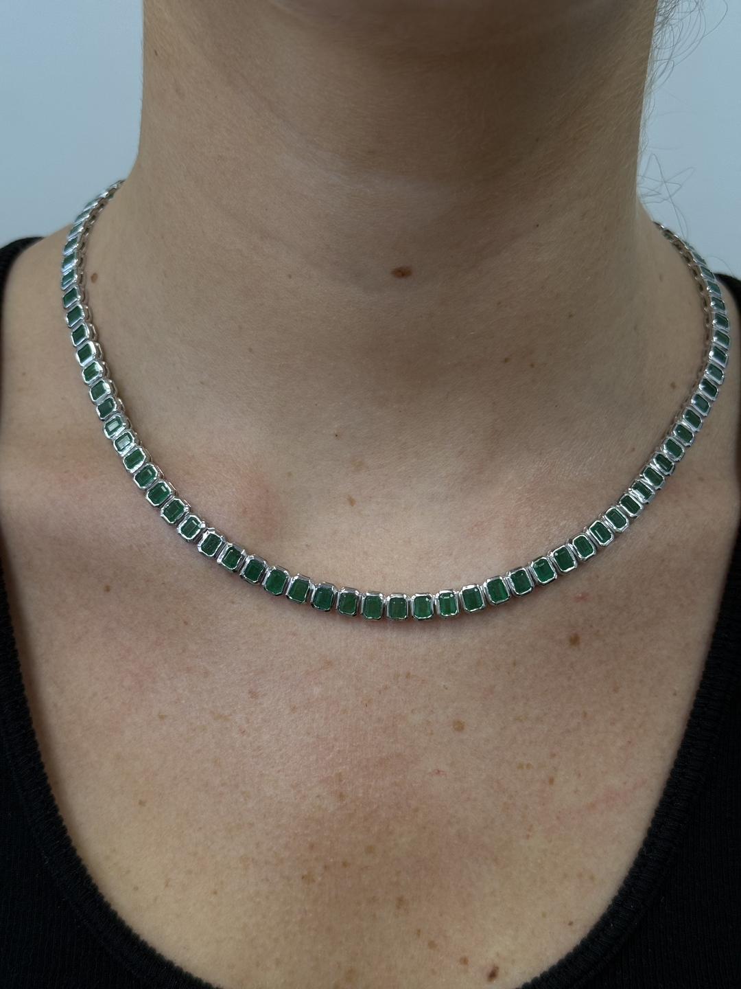 Emerald Cut Bezel Set Natural Green Emerald Tennis Necklace 14K Solid Gold Lifestyle 2