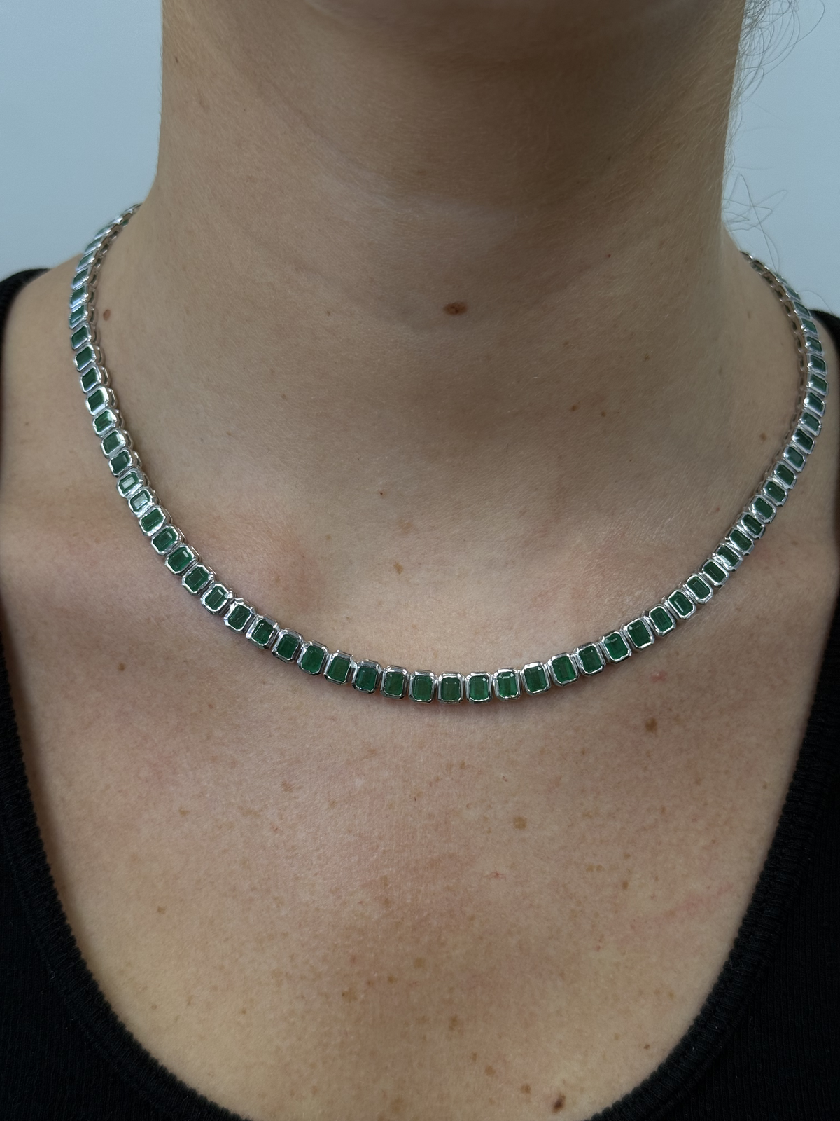 Emerald Cut Bezel Set Natural Green Emerald Tennis Necklace 14K Solid Gold Lifestyle 2