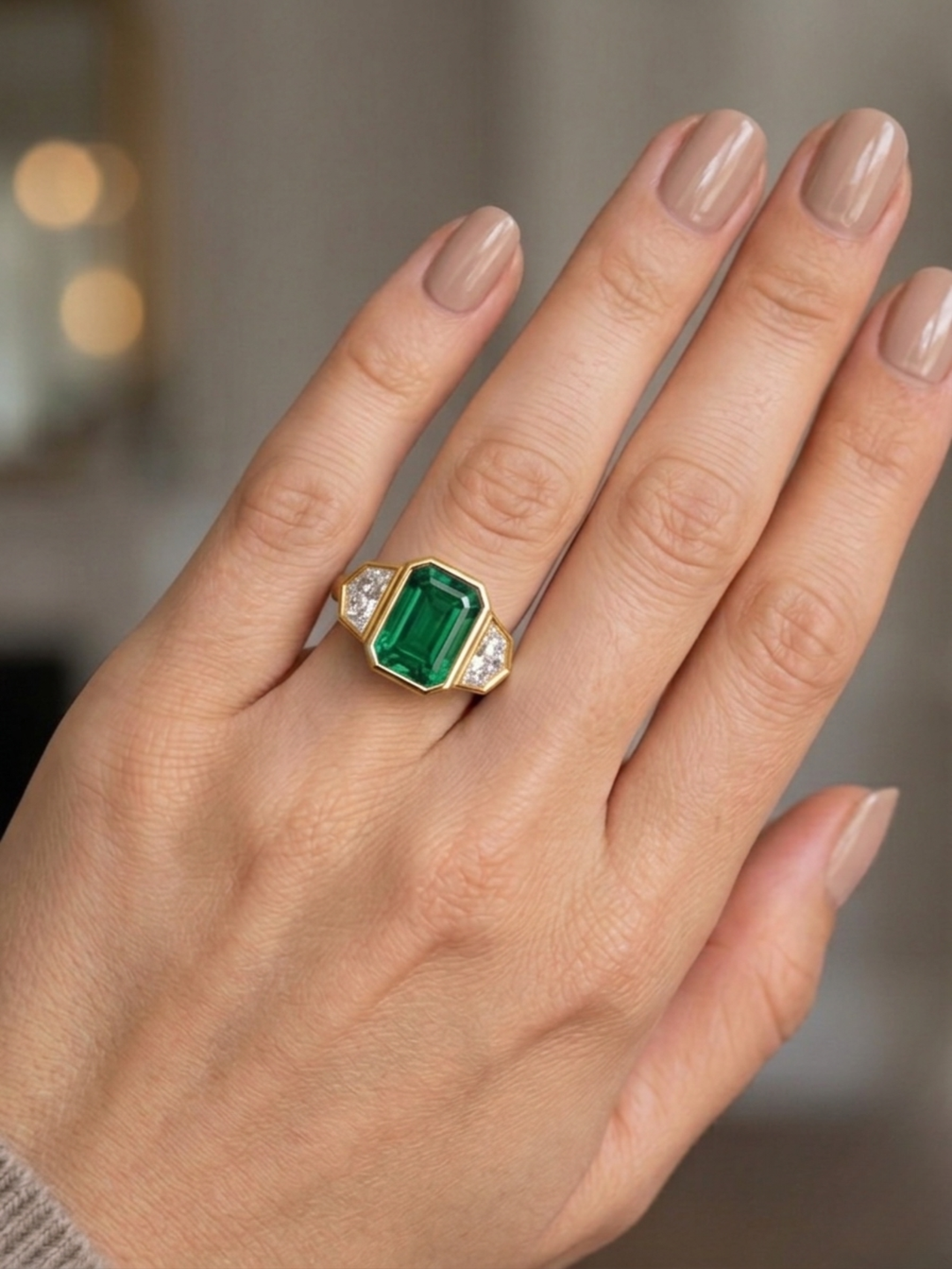 Bezel Set Natural Emerald Shape Green Emerald with Half Moon Diamond Sidestones Engagement Ring