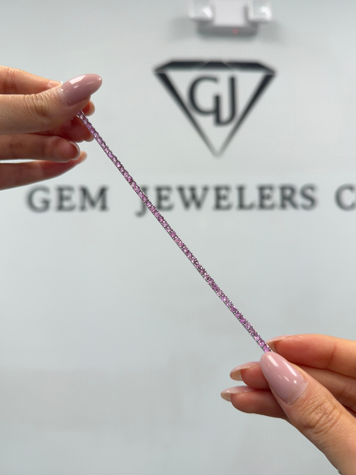 Natural Pink Sapphire Tennis Bracelet 14K Solid Gold