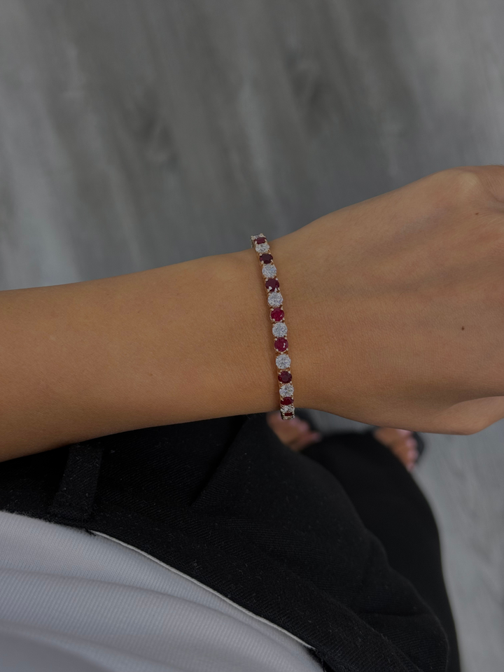 Natural Diamond & Red Ruby Tennis Bracelet 14K Solid Gold