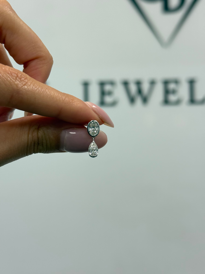 Oval and Pear Shape Bezel Set Natural Diamond Drop Earrings