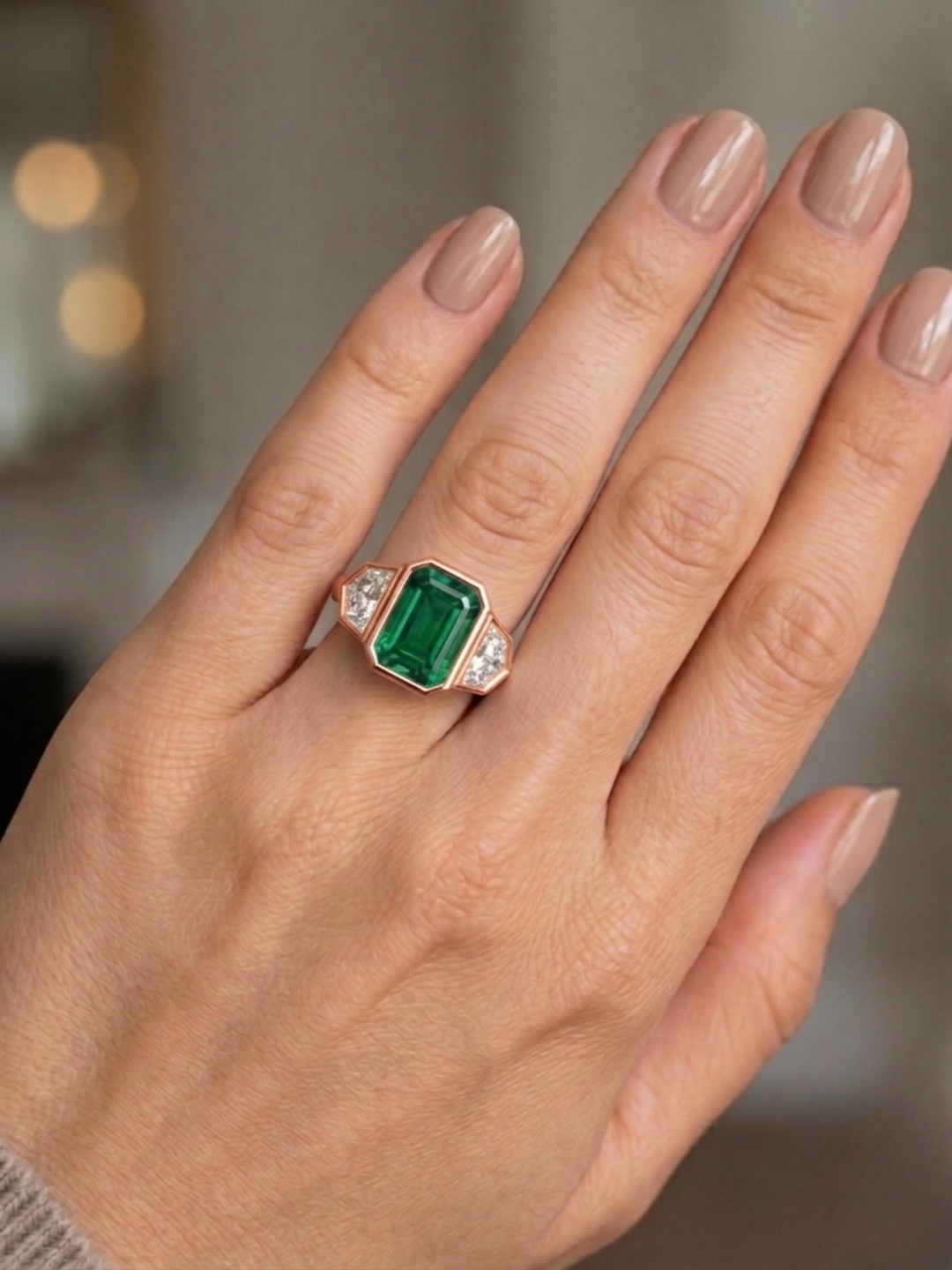 Bezel Set Natural Emerald Shape Green Emerald with Half Moon Diamond Sidestones Engagement Ring
