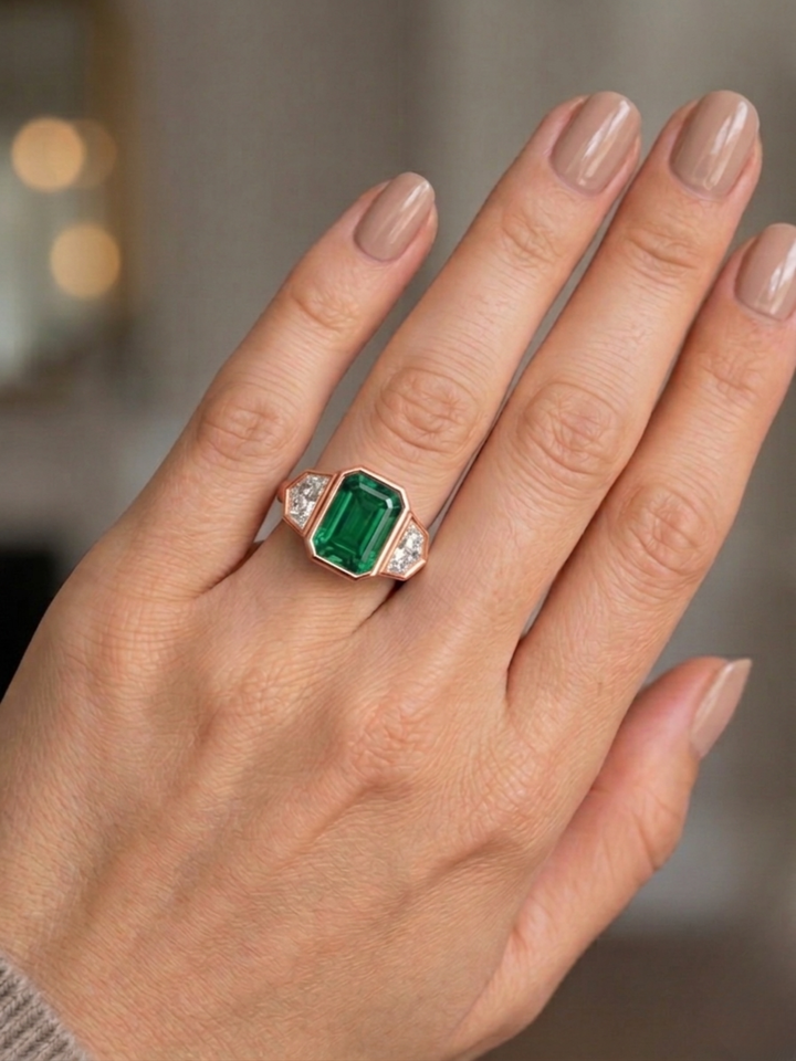 Bezel Set Natural Emerald Shape Green Emerald with Half Moon Diamond Sidestones Engagement Ring