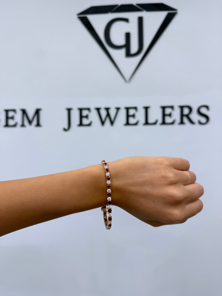 Natural Diamond & Red Ruby Tennis Bracelet 14K Solid Gold