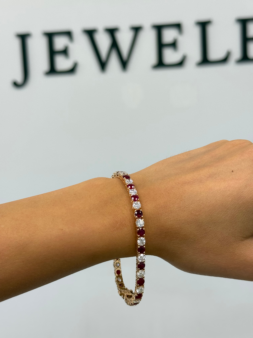 Natural Diamond & Red Ruby Tennis Bracelet 14K Solid Gold