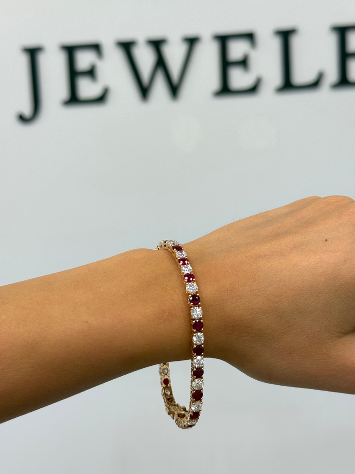 Natural Diamond & Red Ruby Tennis Bracelet 14K Solid Gold
