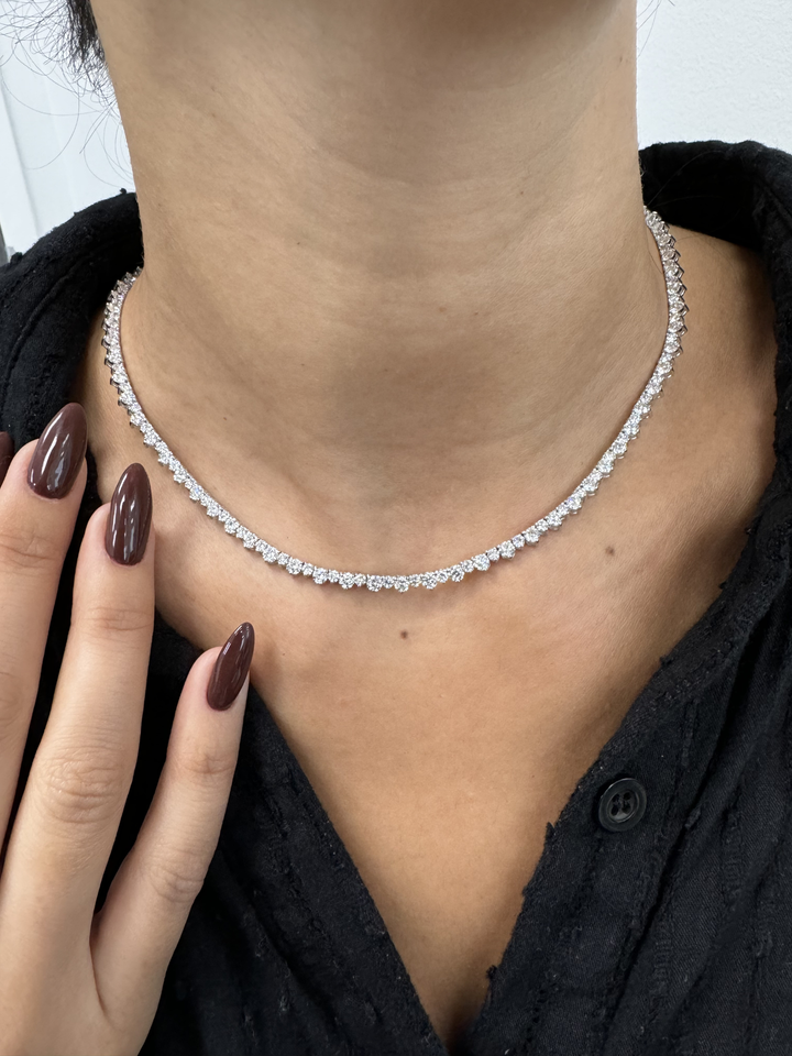 3 Prong Alternating Size Natural Diamond Tennis Necklace