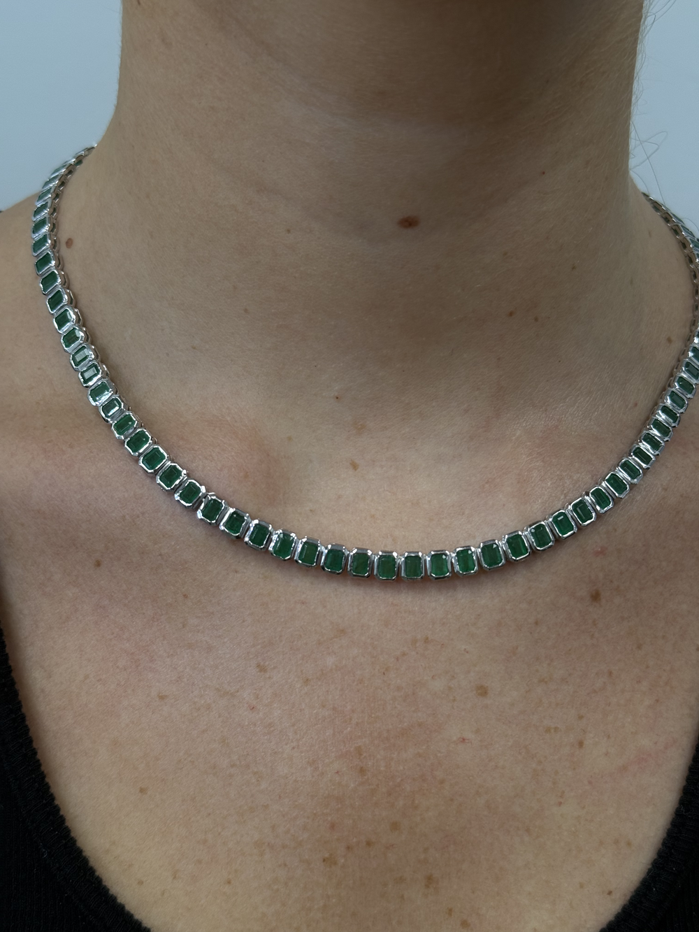 Emerald Cut Bezel Set Natural Green Emerald Tennis Necklace 14K Solid Gold Lifestyle 1