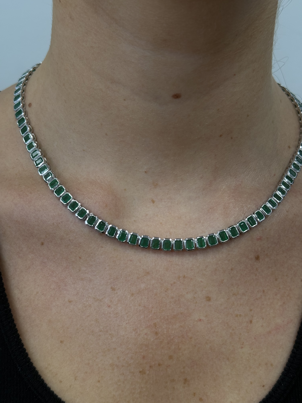 Emerald Cut Bezel Set Natural Green Emerald Tennis Necklace 14K Solid Gold Lifestyle 1