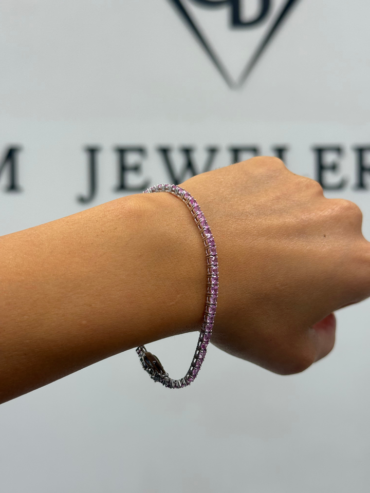 Natural Pink Sapphire Tennis Bracelet 18K Solid Gold