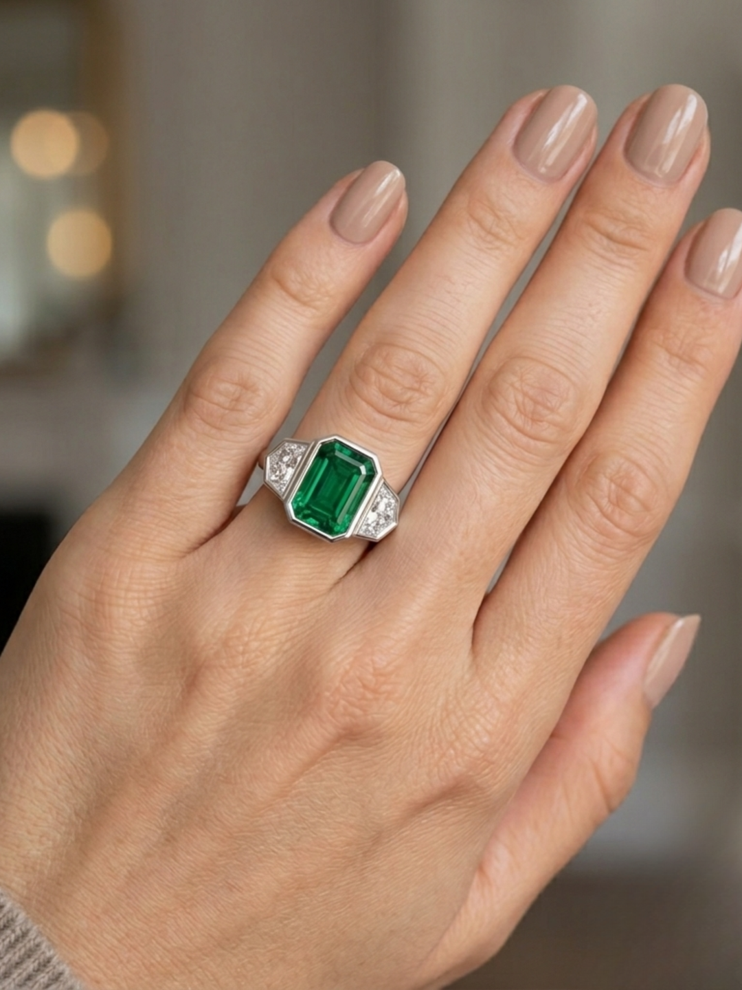 Bezel Set Natural Emerald Shape Green Emerald with Half Moon Diamond Sidestones Engagement Ring