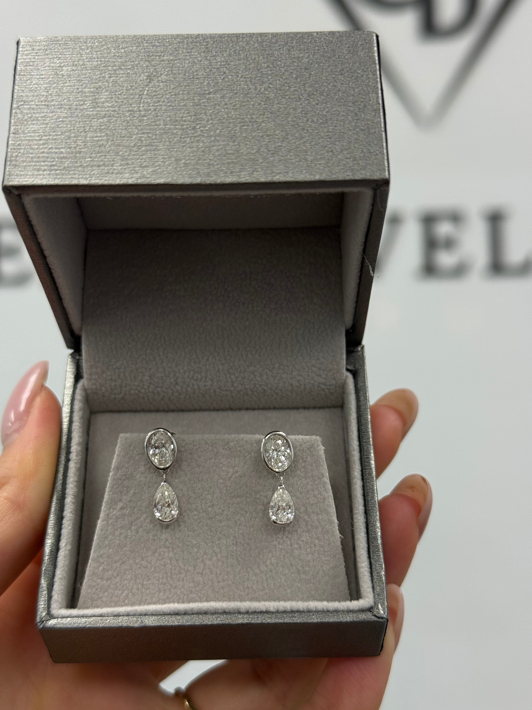 Oval and Pear Shape Bezel Set Natural Diamond Drop Earrings