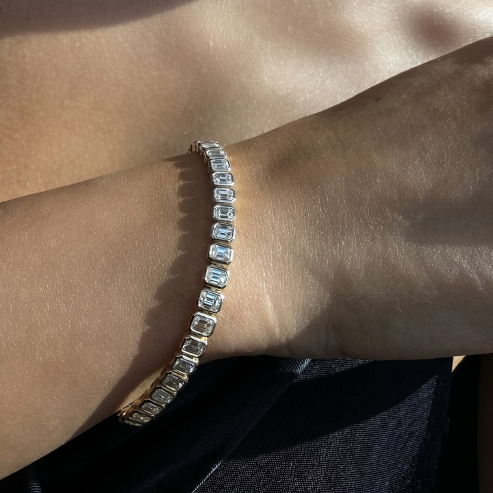 Bezel Set Emerald Shape Natural Diamond Tennis Bracelet 14K Solid Gold
