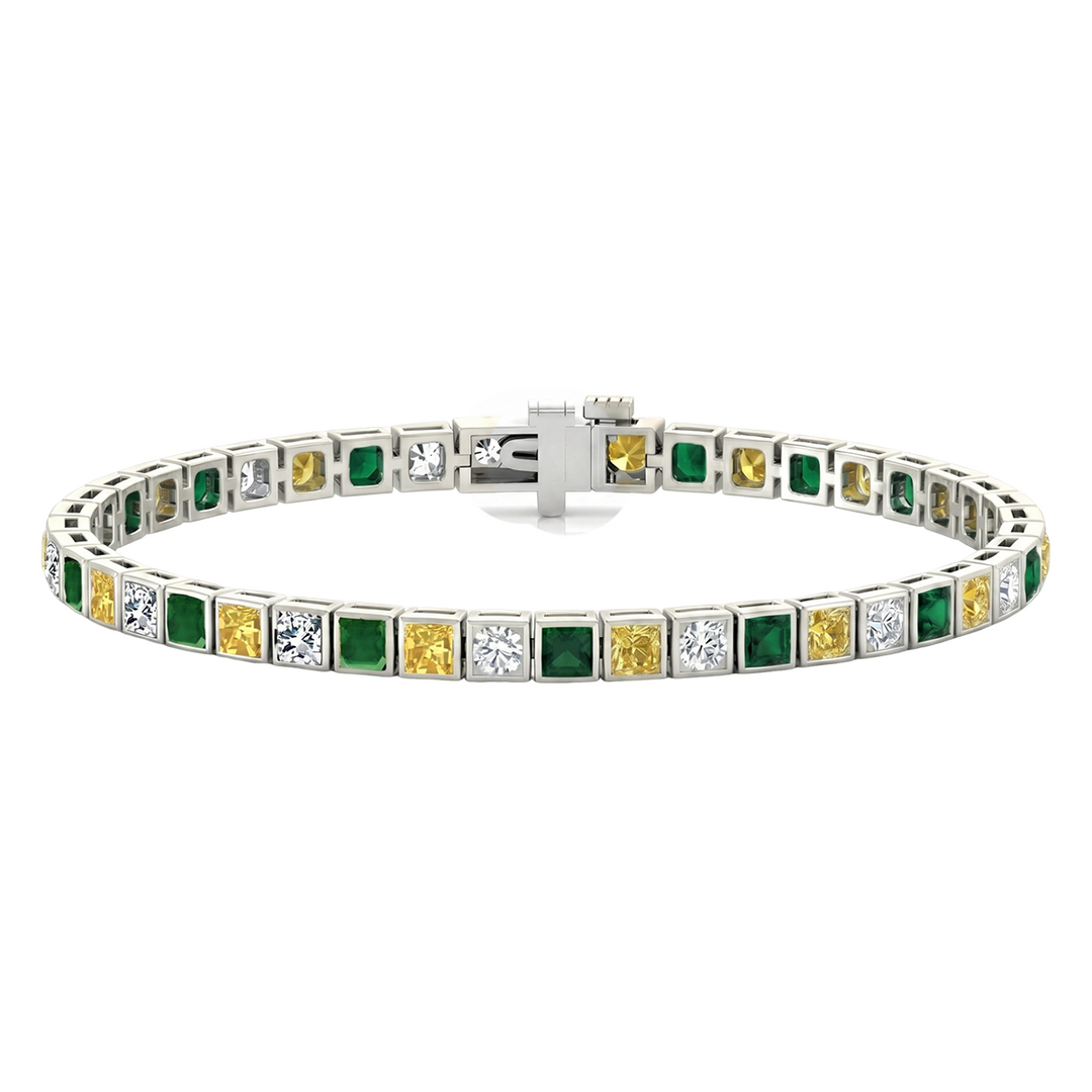 Bezel Set Princess Cut Natural Diamond, Green Emerald & Fancy Yellow Diamond Tennis WG