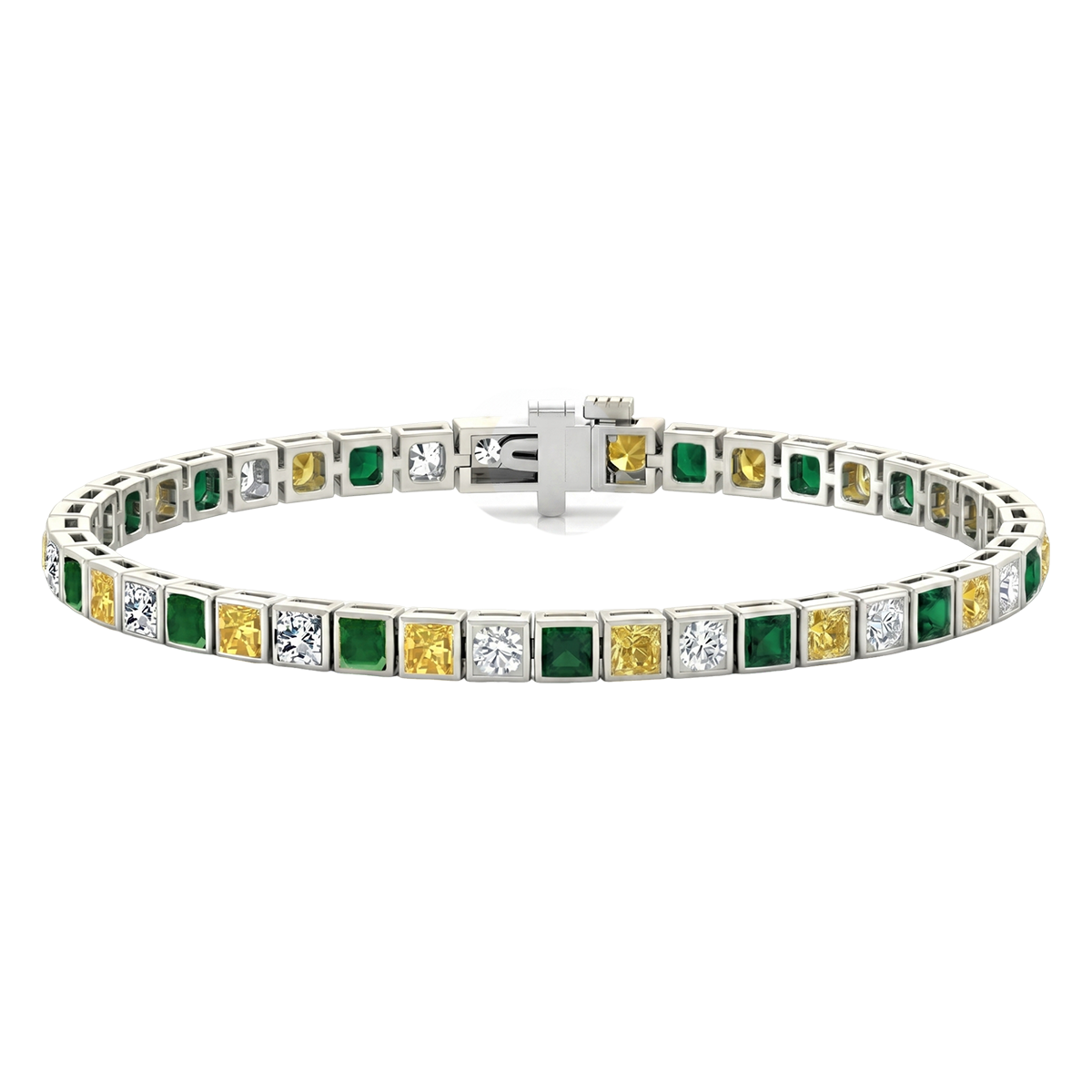 Bezel Set Princess Cut Natural Diamond, Green Emerald & Fancy Yellow Diamond Tennis WG