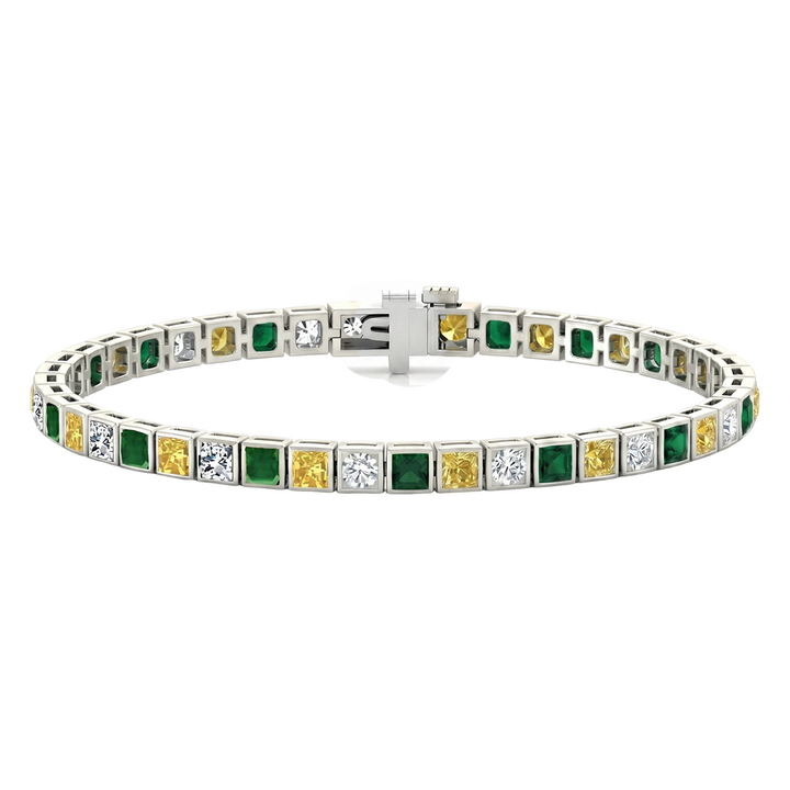 Bezel Set Princess Cut Natural Diamond, Green Emerald & Fancy Yellow Diamond Tennis WG