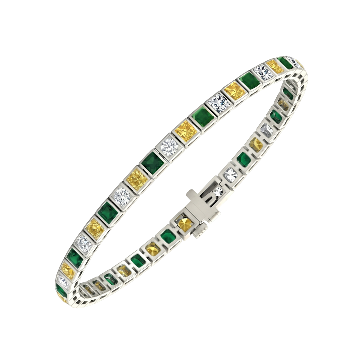 Bezel Set Princess Cut Natural Diamond, Green Emerald & Fancy Yellow Diamond Tennis WG 2