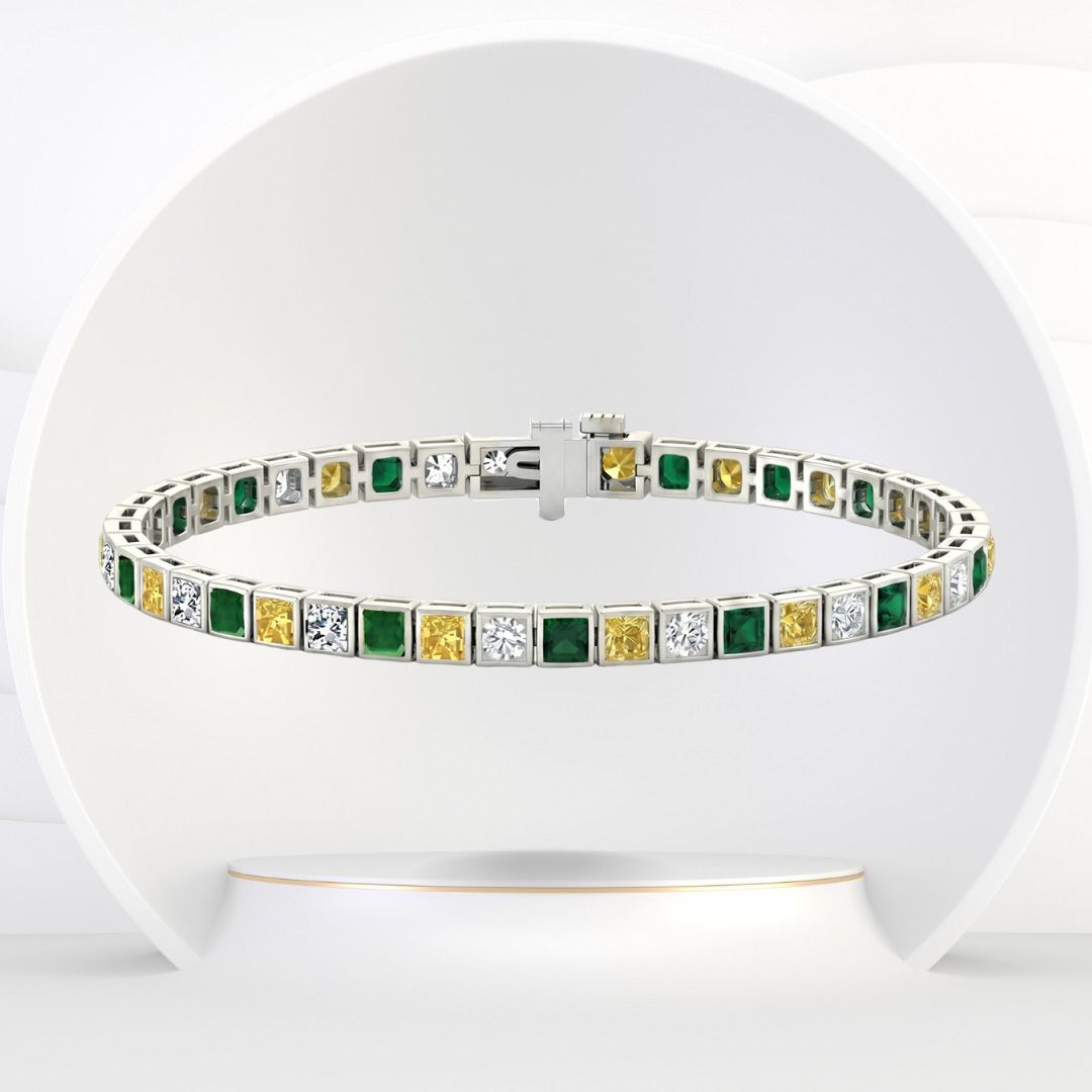 Bezel Set Princess Cut Natural Diamond, Green Emerald & Fancy Yellow Diamond Tennis 