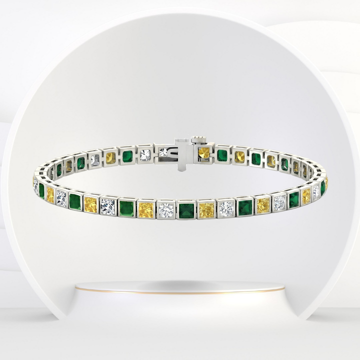 Bezel Set Princess Cut Natural Diamond, Green Emerald & Fancy Yellow Diamond Tennis 