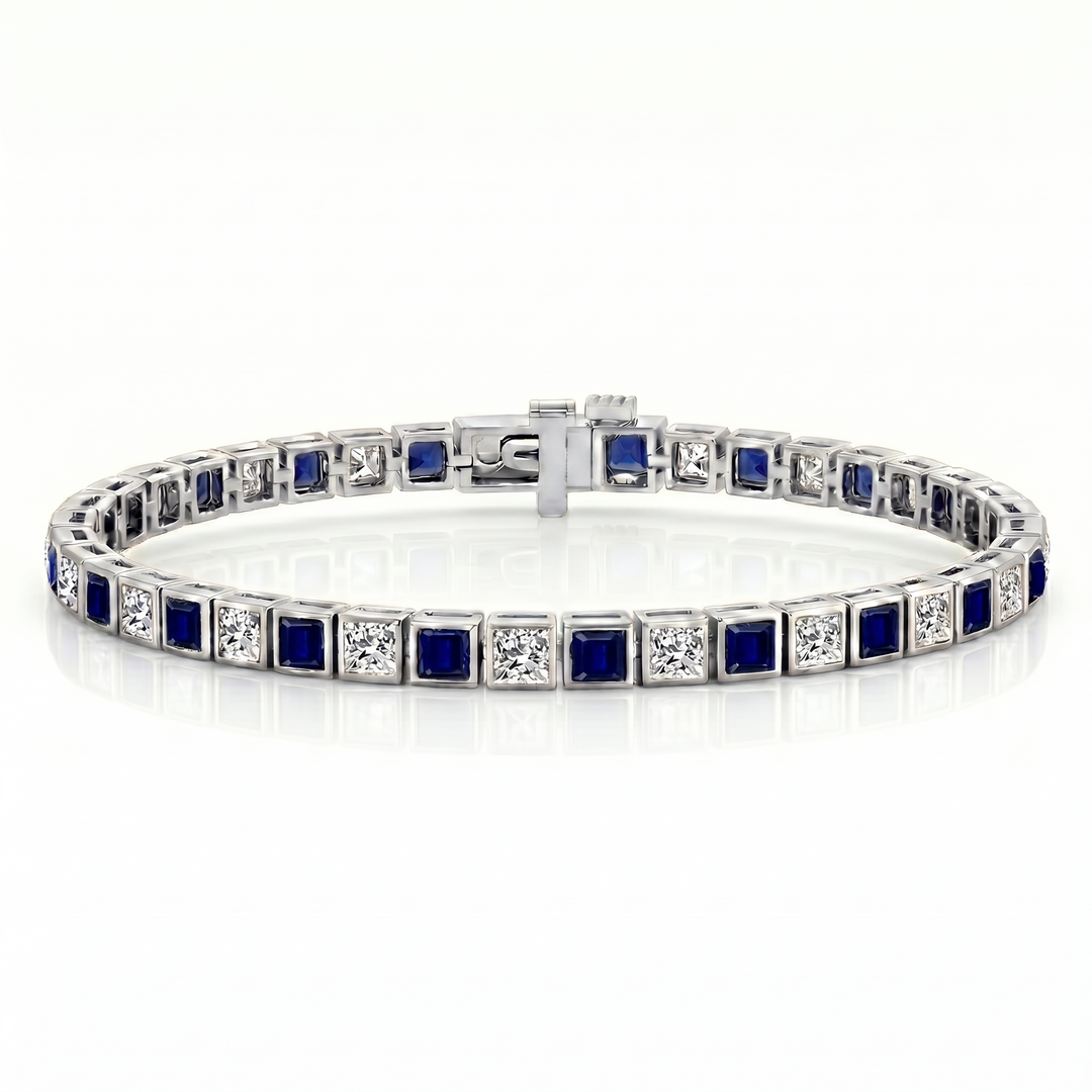 Alternating Princess Cut Blue Sapphire & Natural Diamond Tennis Bracelet WG2