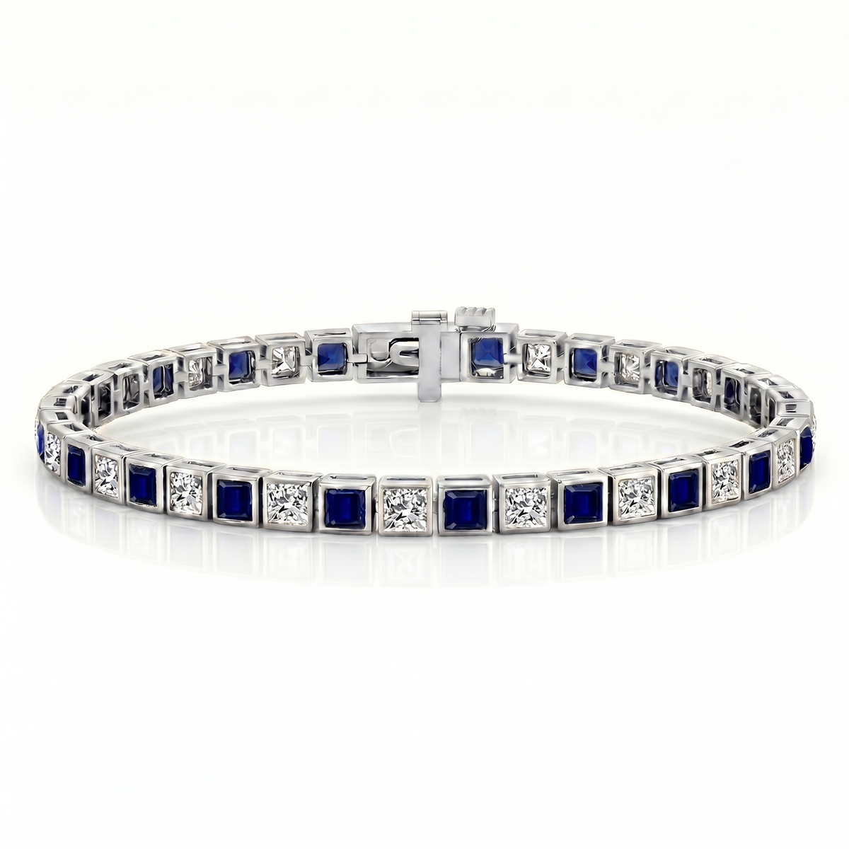 Alternating Princess Cut Blue Sapphire & Natural Diamond Tennis Bracelet WG2