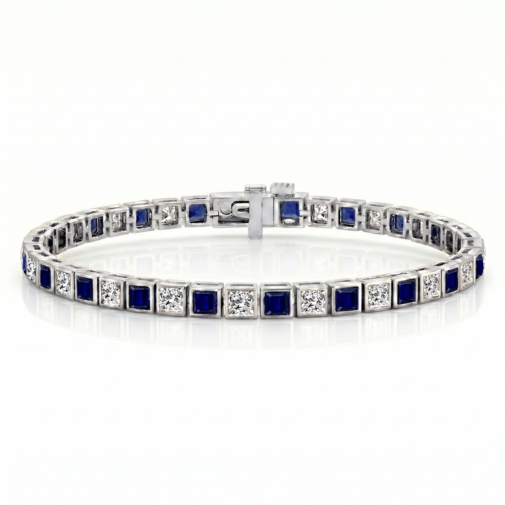 Alternating Princess Cut Blue Sapphire & Natural Diamond Tennis Bracelet WG2