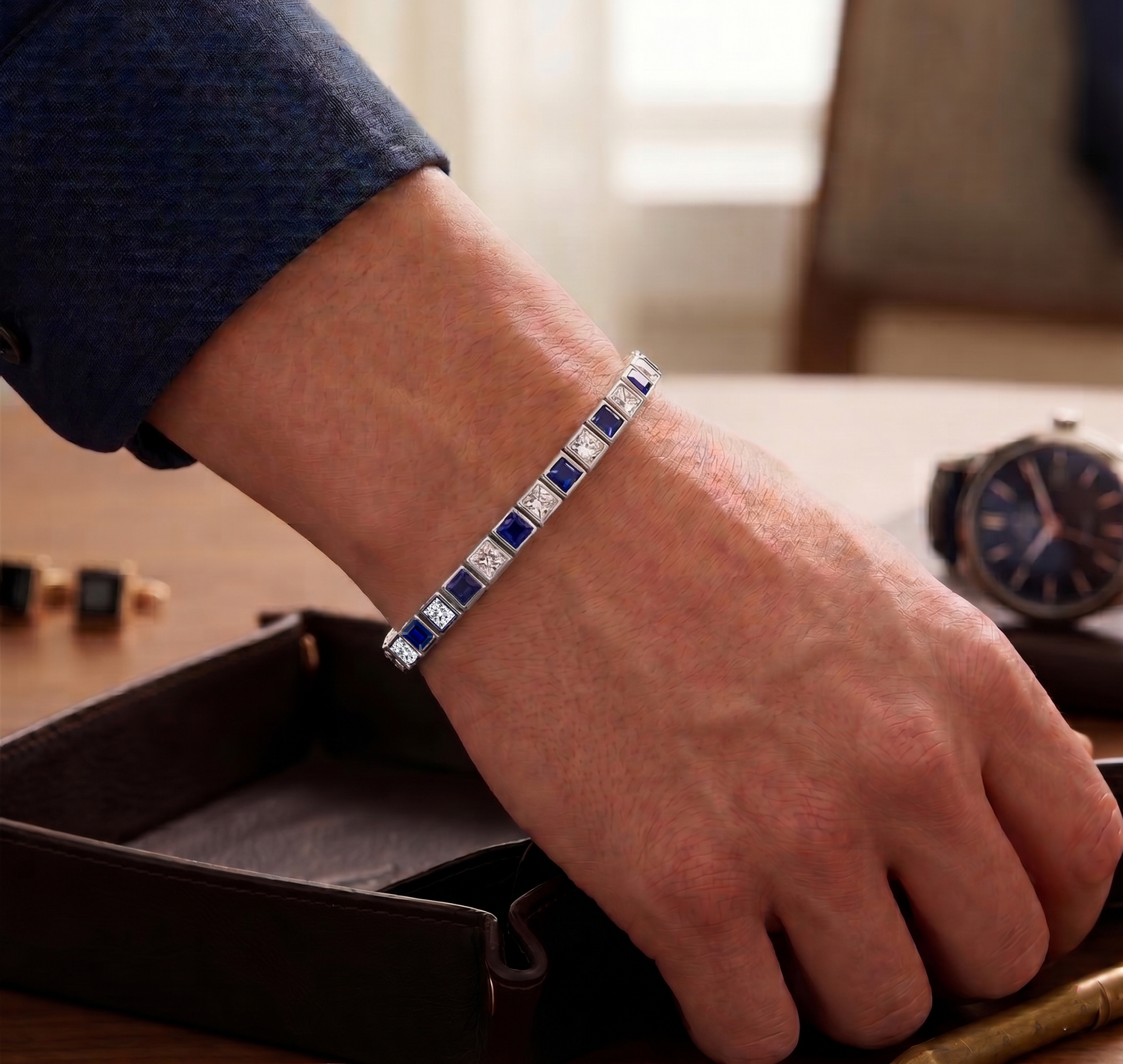 Alternating Princess Cut Blue Sapphire & Natural Diamond Tennis Bracelet lifestyle WG