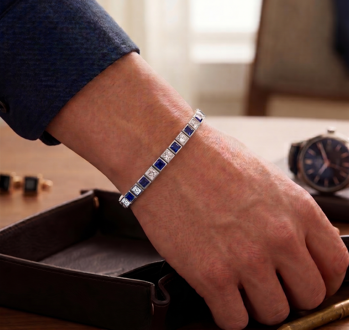 Alternating Princess Cut Blue Sapphire & Natural Diamond Tennis Bracelet lifestyle WG