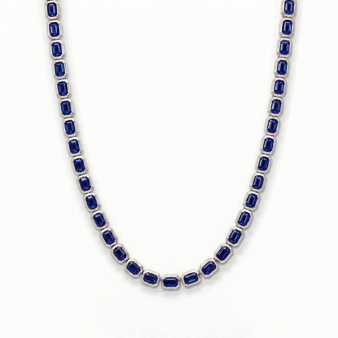 Bezel Set Emerald Shape Natural Blue Sapphire Tennis Necklace WG