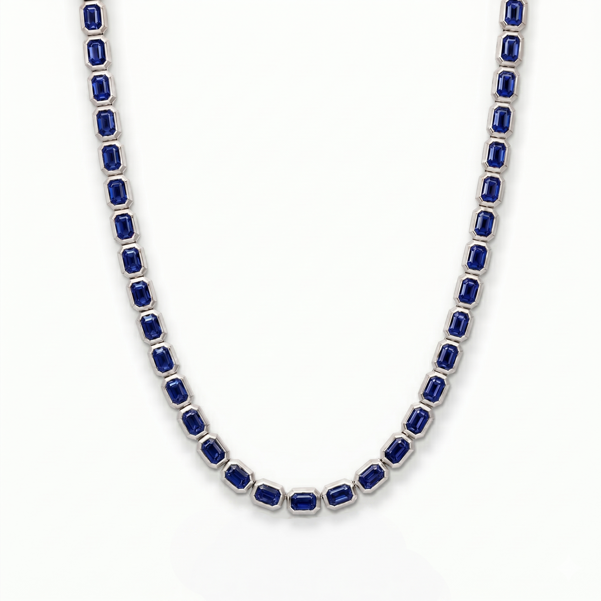 Bezel Set Emerald Shape Natural Blue Sapphire Tennis Necklace WG