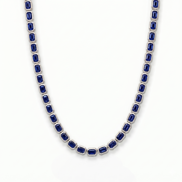 Bezel Set Emerald Shape Natural Blue Sapphire Tennis Necklace WG