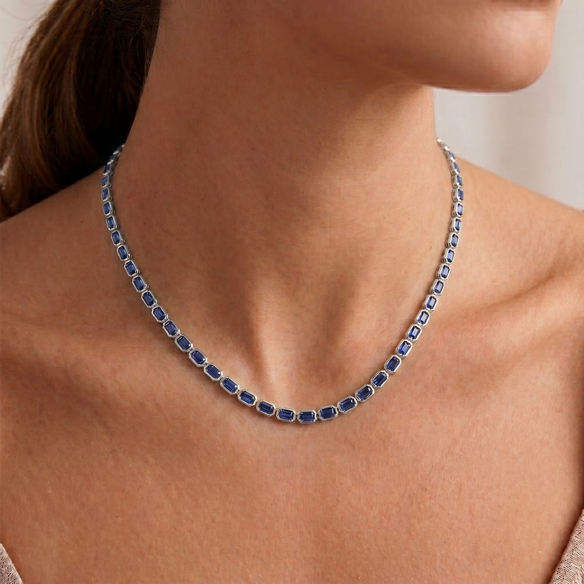 Bezel Set Emerald Shape Natural Blue Sapphire Tennis Necklace lifestyle WG