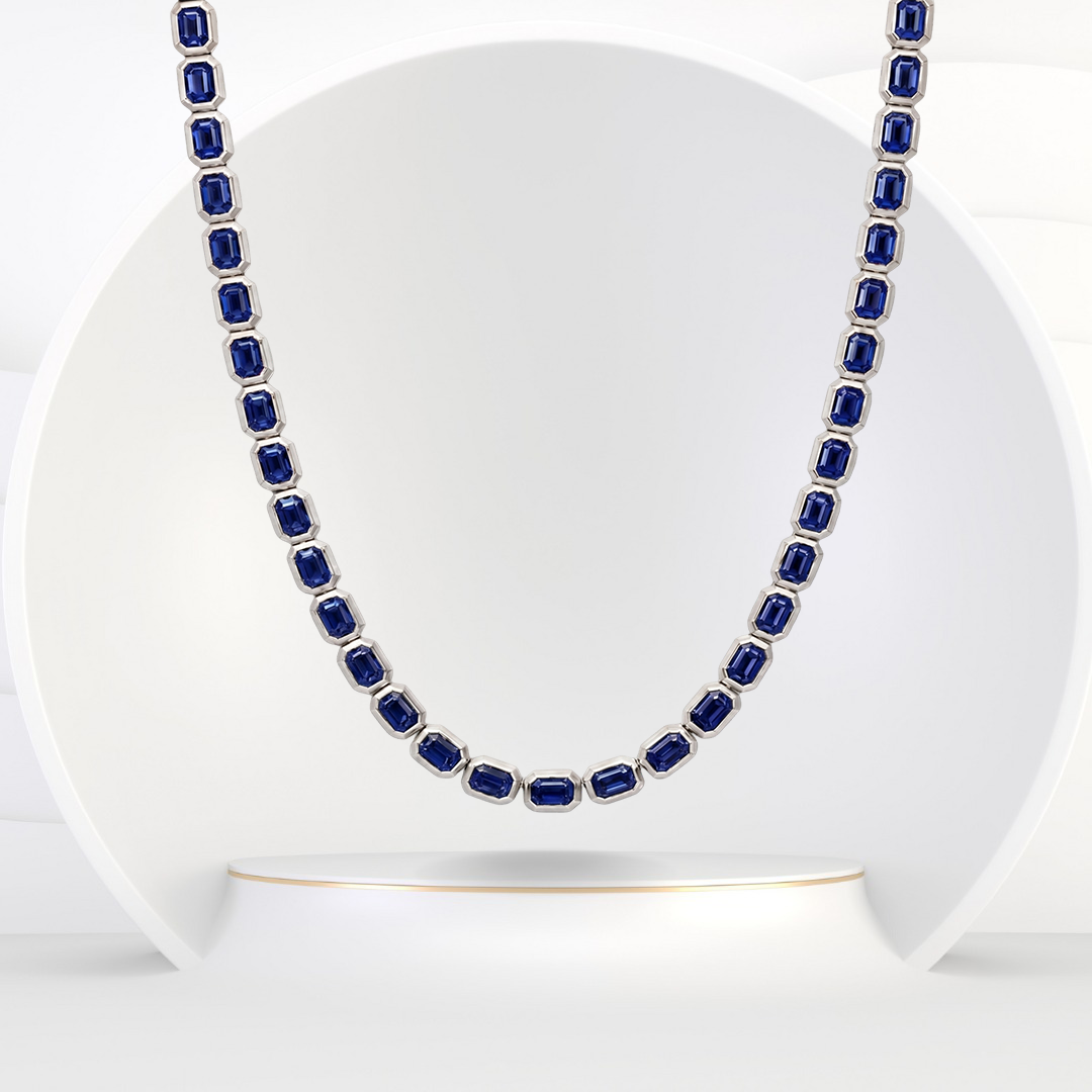 Bezel Set Emerald Shape Natural Blue Sapphire Tennis Necklace