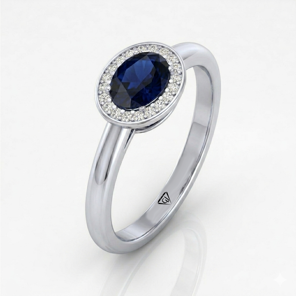 Natural Oval Shape Blue Sapphire Halo Engagement Ring WG 3