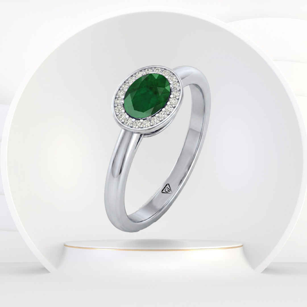 Natural Oval Shape Green Emerald Halo Engagement Ring WG
