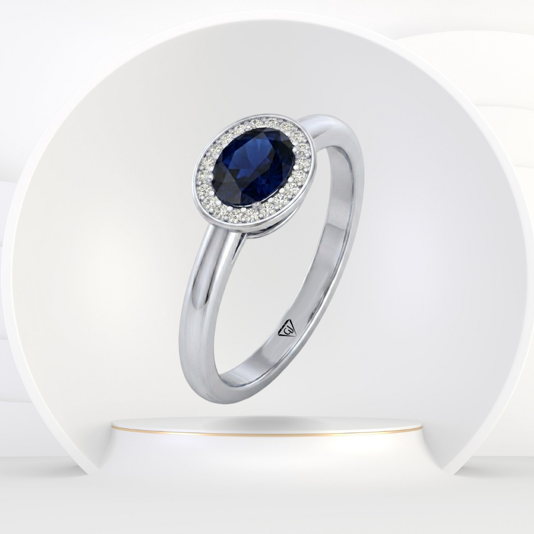 Natural Oval Shape Blue Sapphire Halo Engagement Ring WG