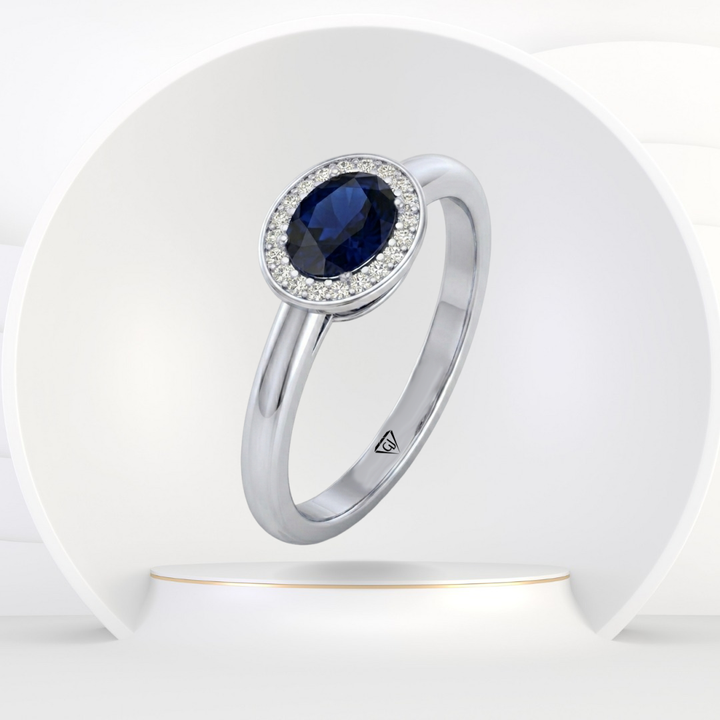 Natural Oval Shape Blue Sapphire Halo Engagement Ring WG