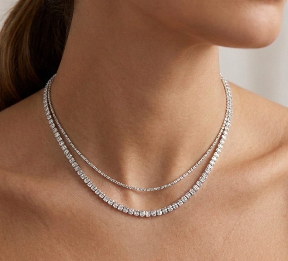 Bezel Set Emerald Shape Natural Diamond Tennis Necklace lifestyle 