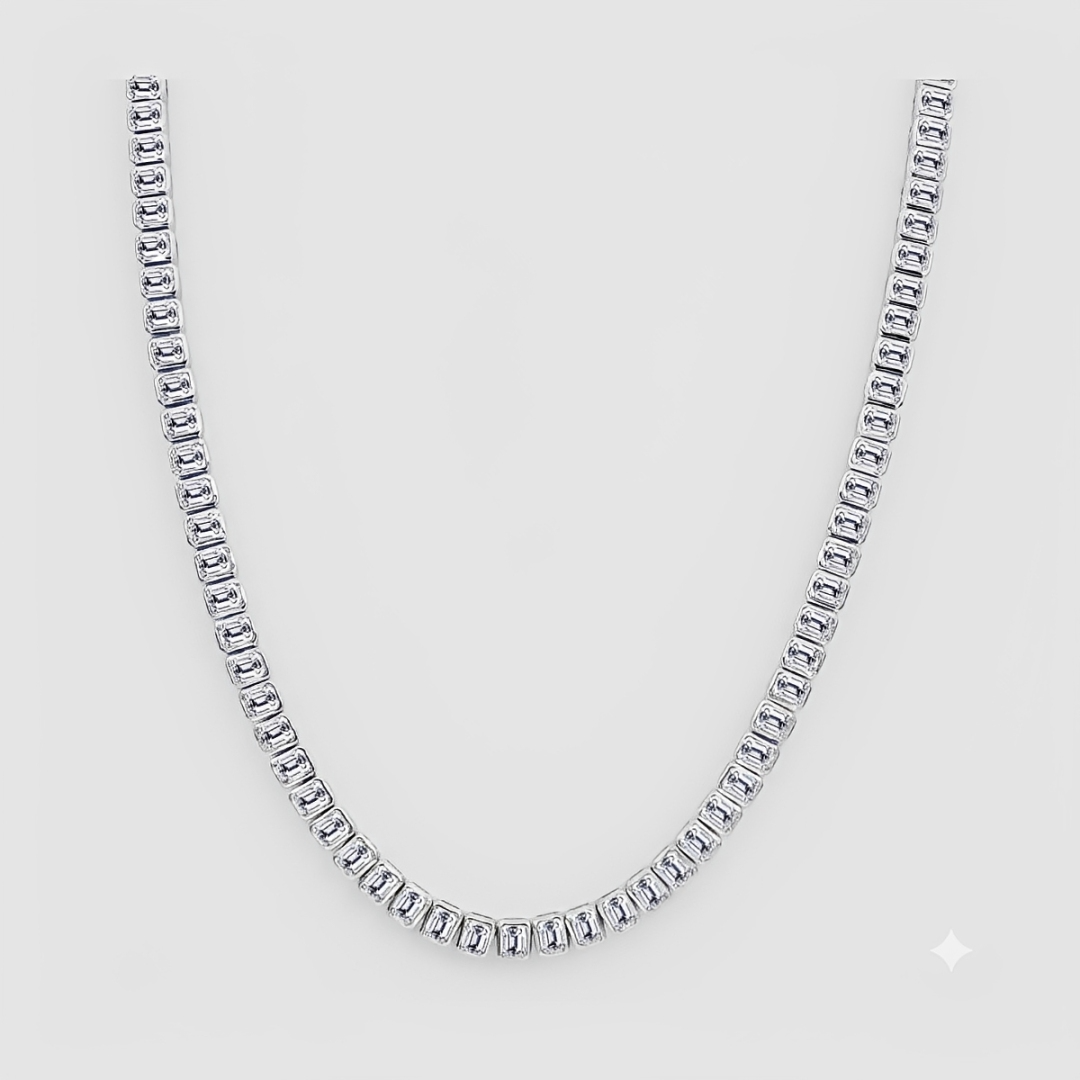 Bezel Set Emerald Shape Natural Diamond Tennis Necklace WG2