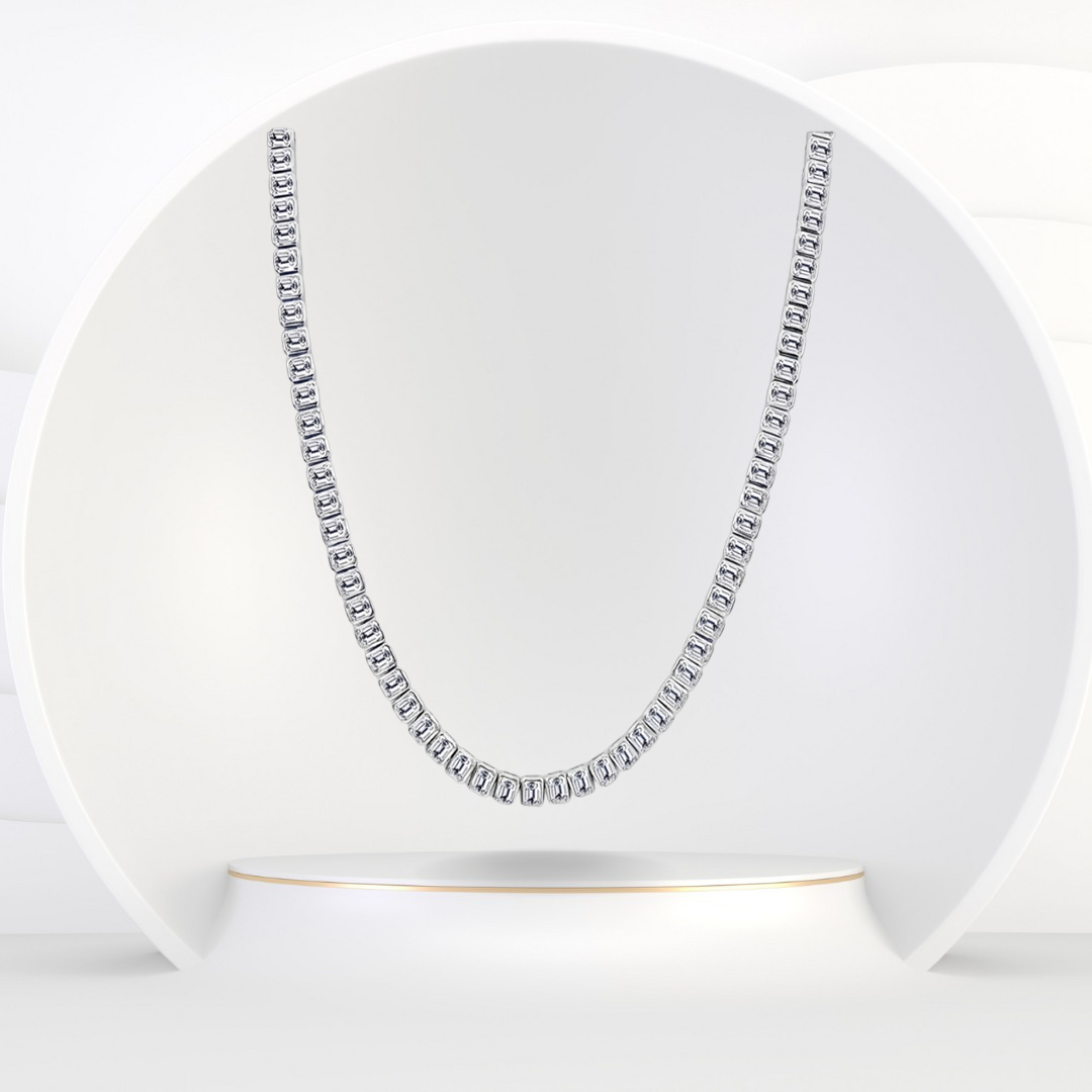 Bezel Set Emerald Shape Natural Diamond Tennis Necklace