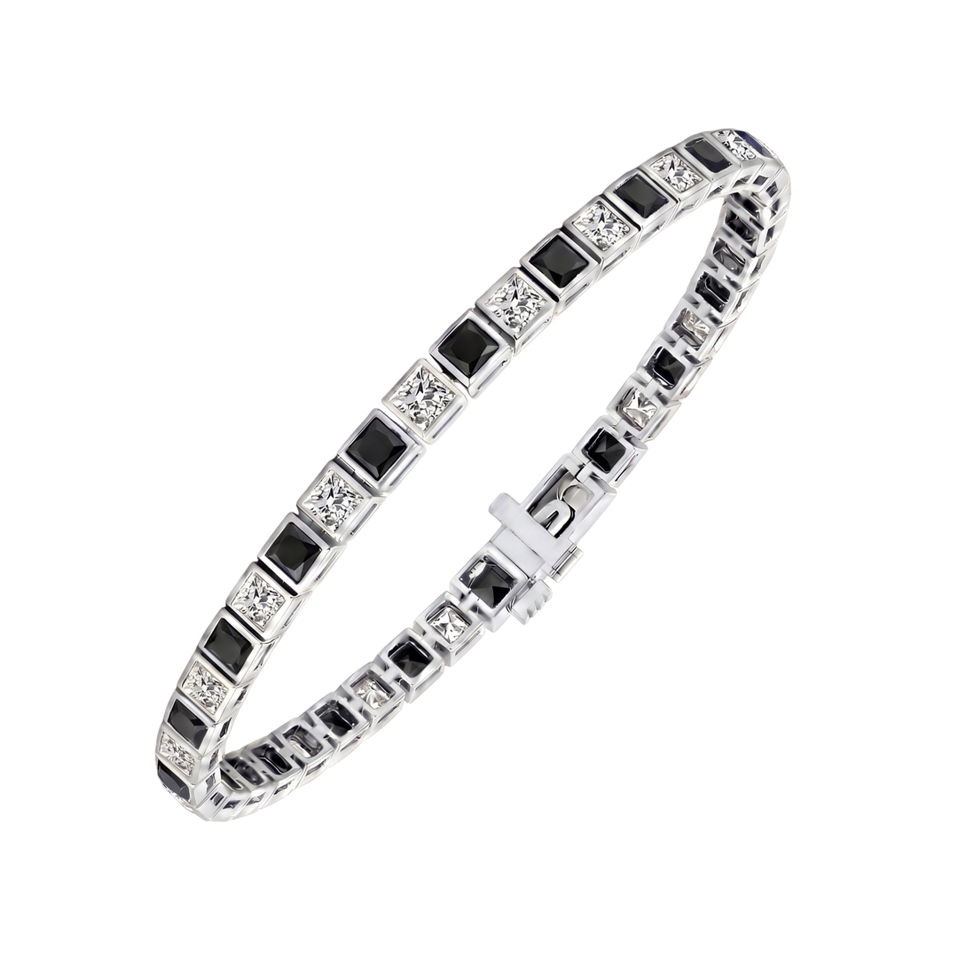 Bezel Set Alternating Princess Cut Natural Black & Natural Diamond Tennis Bracelet 18K Solid Gold