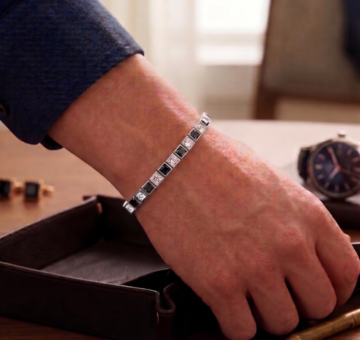 Bezel Set Alternating Princess Cut Natural Black & Natural Diamond Tennis Bracelet 18K Solid Gold
